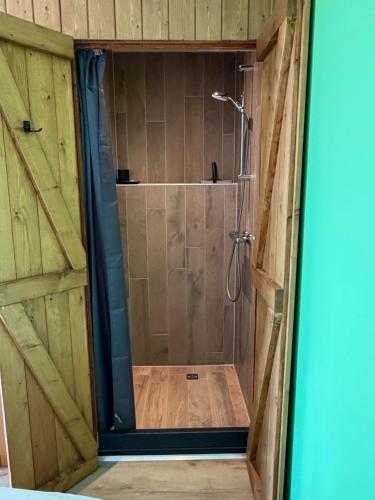 eine Dusche mit Glastür im Badezimmer in der Unterkunft B&B de Danser in Klaaswaal