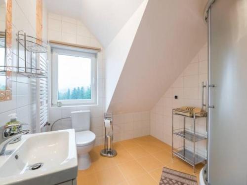a bathroom with a toilet and a sink and a window at Pod Stokiem in Lubomierz