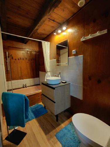 a bathroom with a sink and a toilet and a tub at La Fontaine du Peuch in Plazac