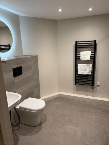 a bathroom with a toilet and a sink and a mirror at Cosy 1 bed Leeds City Centre Apartment in Central Station