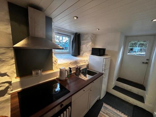 a kitchen with a sink and a refrigerator at Cozy apartment in quiet neighborhood in Oslo