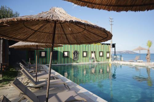 a pool with chairs and an umbrella next to a building at Palm Garden in Korucuk