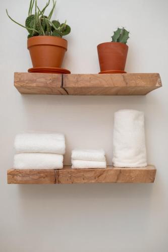 a pair of wooden shelves with towels and plants at sisu, a boutique motel in Plymouth