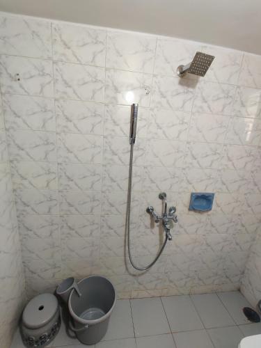 a bathroom with a shower and a toilet in it at Shraddha's Guest House in Kolhapur