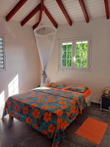 a bedroom with a bed and two windows at Flamboyant in Sainte-Anne