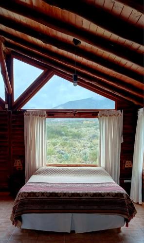 a bed in a room with a large window at Aventurados in Potrerillos