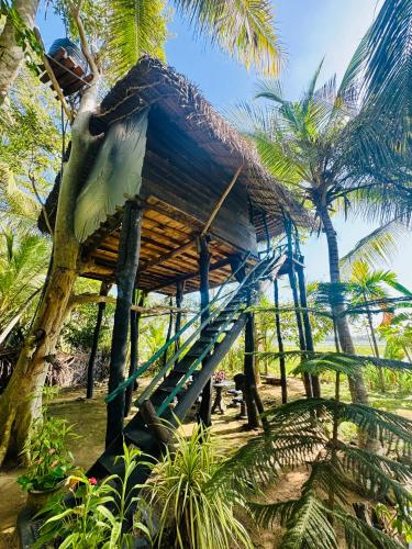 a tree house on the beach with palm trees at Lakeview Birdsong Cabanas in Debarawewa