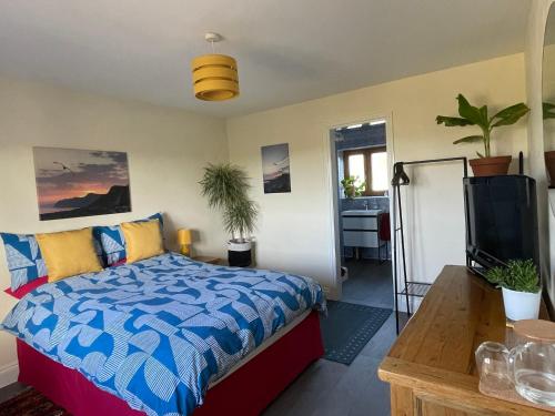a bedroom with a bed and a tv in it at Hardy View Farm House in Dorchester