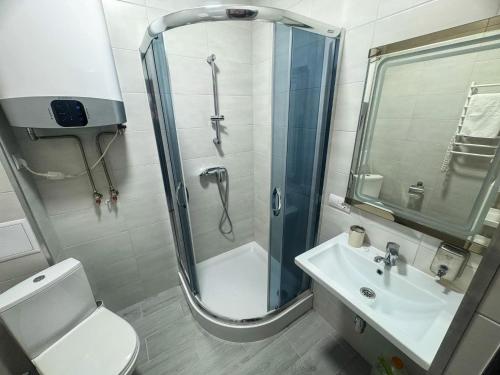 a bathroom with a shower and a toilet and a sink at Glory Apart Polyana in Polyana