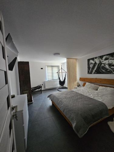 a bedroom with a large bed and a window at Casa Apartament Refugiul Dornean in Vatra Dornei