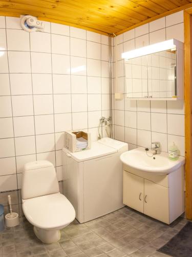 a white bathroom with a toilet and a sink at Mökki maaseudulla in Raikku
