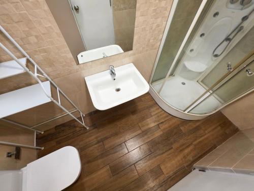 a bathroom with a sink and a shower at Evolve Madhura in Peliyagoda