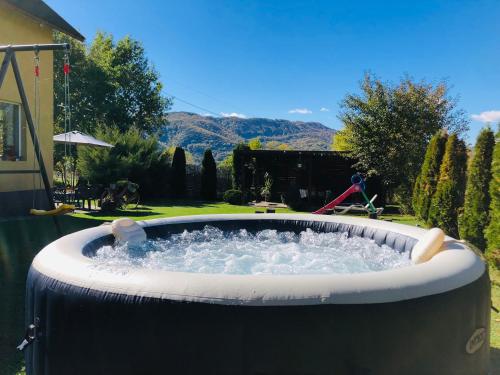 a hot tub with water in a yard at Casa Sofia in Călimăneşti