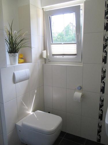 a white bathroom with a toilet and a window at Ferienhaus Marc in Göhren-Lebbin
