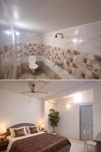 a bedroom with a bed and a bathroom with a toilet at The star inn in Ambikāpur