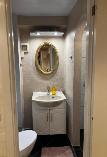 a bathroom with a sink and a mirror at Hyggelig lejlighed tæt på centrum in Silkeborg