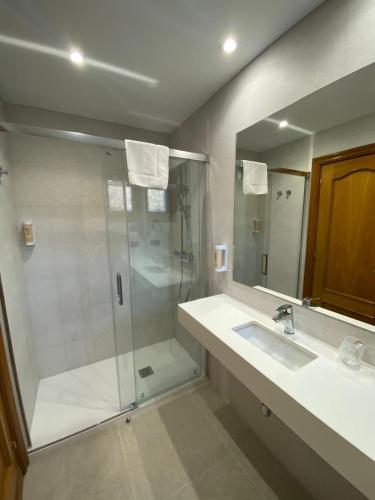 a bathroom with a shower and a sink at Hostal Restaurante Casa Santamaria in Doneztebe