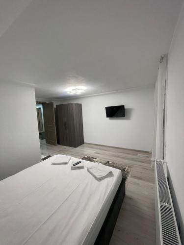 ein Zimmer mit einem Bett in der Mitte in der Unterkunft Silent Hills in Moieciu de Jos