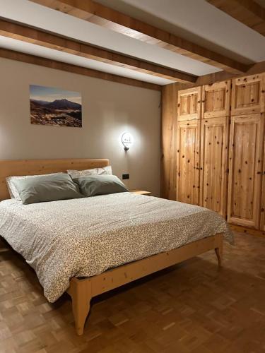 a bedroom with a large bed in a room with wooden walls at Maso Walter in Pradellan