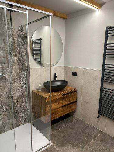 a bathroom with a sink and a shower at Maso Walter in Pradellan