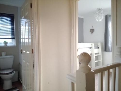 a white bathroom with a toilet and a chandelier at Noglas in Ammanford