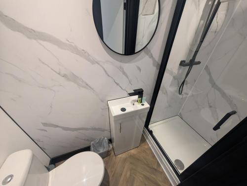 a bathroom with a white toilet and a mirror at Central Swansea 6BR Ensuite Home w Parking in Swansea