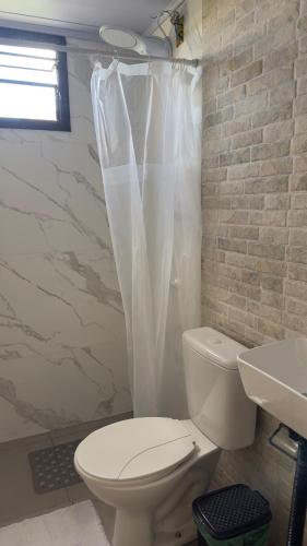 a bathroom with a white toilet and a sink at Apartamento 4 - Refúgio do Descaso in São Francisco do Sul