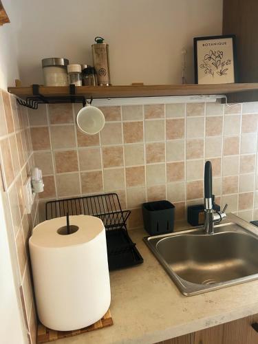 a kitchen counter with a sink and a roll of paper towels at Hestia loft in Nafplio