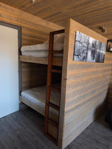 un letto a castello in una cabina con una scala di Studio cosy SUPERDEVOLUY a Le Dévoluy