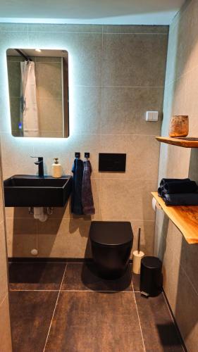 ein Badezimmer mit schwarzer Toilette und Waschbecken in der Unterkunft Panorama Studio - Sauna, Lakeview & Fireplace in Skaveröd