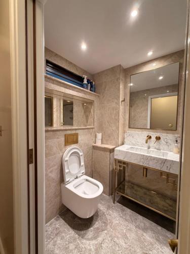 a bathroom with a toilet and a sink at Soho Skyline Apartment - 360 views of landmarks in London