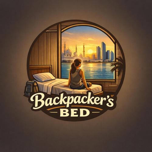 a girl sitting on a bed looking out a window at a city at Backpacker's Bed - No Parking in Abu Dhabi