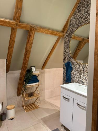 a bathroom with a sink and a mirror at B&B Het Molenhuisje Winschoten - met woonkamer & keuken in Winschoten