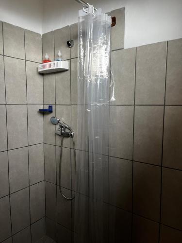 a shower with a plastic shower curtain in a bathroom at Casa do Stefan in Lomba