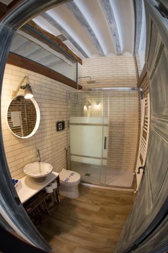 a bathroom with a toilet and a sink and a mirror at Minicasa el Mesoncico - Alojamiento vacacional en Cehegín in Cehegín