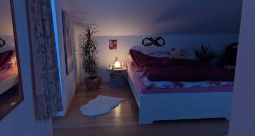 a bedroom with a bed with a lamp and a plant at Gemütliche 3 Zimmerwohnung in Ühlingen-Birkendorf