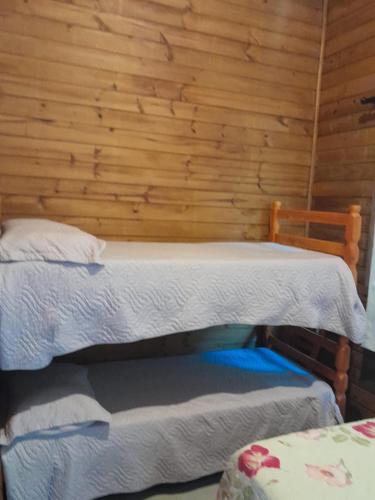two beds in a room with a wooden wall at ResidencialBambu2 in Garopaba