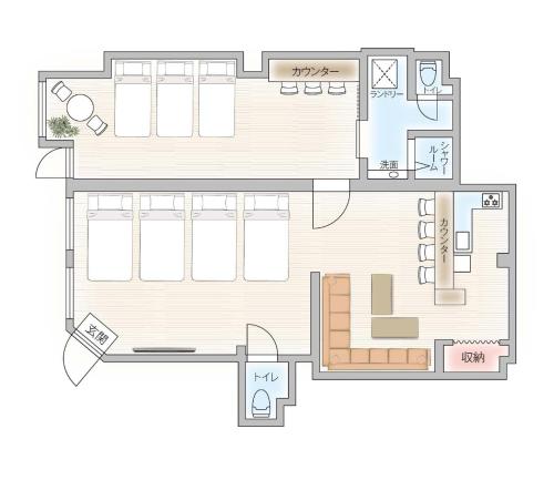 a drawing of a floor plan of a house at oyadoya gifu kinryu 岐阜駅徒歩10分 デザイナーホテル 大人数貸切 最大7名 駐車場2台有り in Gifu