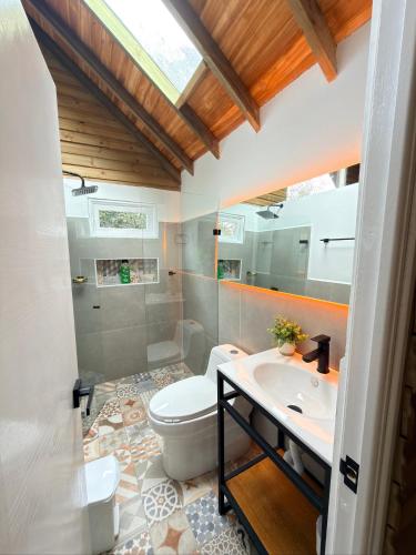 a bathroom with a toilet and a sink at WOODEN HOUSE Hermoso alojamiento en Llanogrande Rionegro cerca a Medellín & Aeropuerto JMC in Rionegro