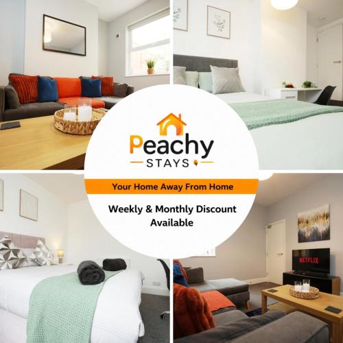 a collage of photos of a bedroom and a living room at Spacious 4 Bedroom House - Sleeps 8 Guests, Contractors, Groups, Families, Business, Leisure & Relocation Stays Welcome, 13 Minutes From City Centre, Fast Wi-Fi, Smart TV In Lounge & FREE Parking, Long Stays And Short Stays Welcome in Bristol