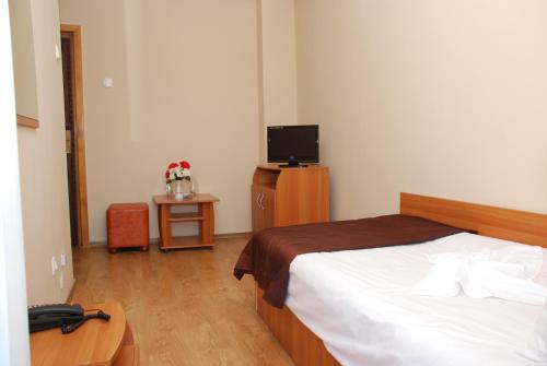 a bedroom with a bed and a television in it at Hotel Liliacul in Cluj-Napoca