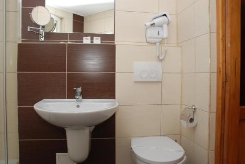 a bathroom with a sink and a toilet at Hotel Liliacul in Cluj-Napoca