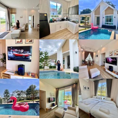 a collage of photos of a house with a pool at Benjavipa Pool Villa Khao yai in Ban Nong Song Hong
