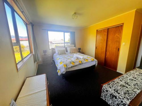 a bedroom with a bed and two windows at Cosy Corner Te Anau in Te Anau
