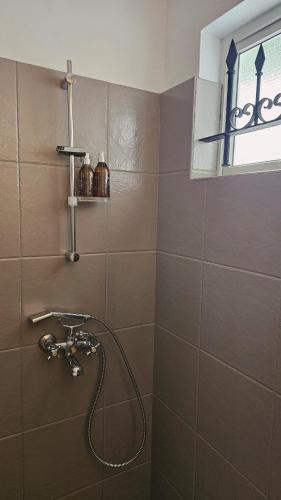 a shower with a hose in a bathroom at The loft - A charming sanctuary in Rivière Noire