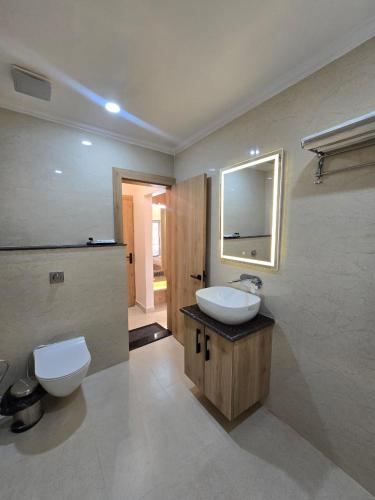 a bathroom with a sink and a toilet and a mirror at Baba Palace in Ayodhya