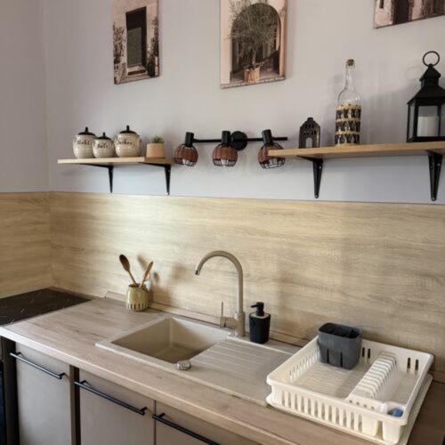 a kitchen with a sink and a counter with a sink at Charlie porta in Abádszalók
