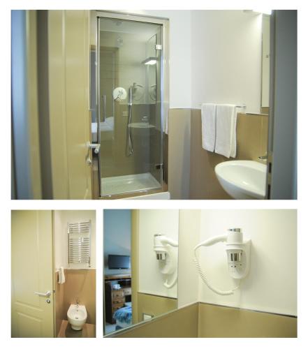 two pictures of a bathroom with a shower and a sink at B&B Carini 58 in Rome