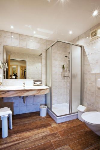 a bathroom with a shower and a toilet and a sink at Landhotel Alpenhof Filzmoos in Filzmoos
