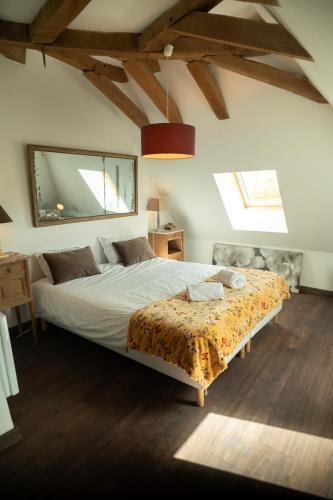 a bedroom with a large bed and a mirror at Les hauts des Soussilanges in Céron